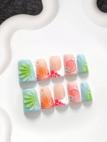 10片裝清新輕盈夏季風手工穿戴甲，Polygel美甲套組，泡泡珠飾裝飾，藍色與粉色指甲油，甜美精緻風格，附美甲工具，3種尺寸可選，杏仁/鴨嘴/棺材形，適合派對、跳舞、日常配戴 - 彩色 - 查看 15