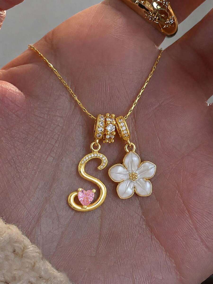 1件甜美金色字母吊墜項鍊,配粉色心形水鑽與白色花朵吊飾,精緻Y2K風格女款飾品 - 白色 - 查看 1