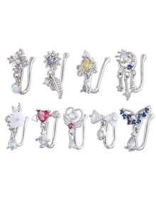 9pcs Piercing-Free U-Shaped Micro-Inlaid Zirconia Nose Clip & Earclip Adjustable Jewelry, Suitable For Ladies Everyday Wear And Gift - Yellow Gold - View 8