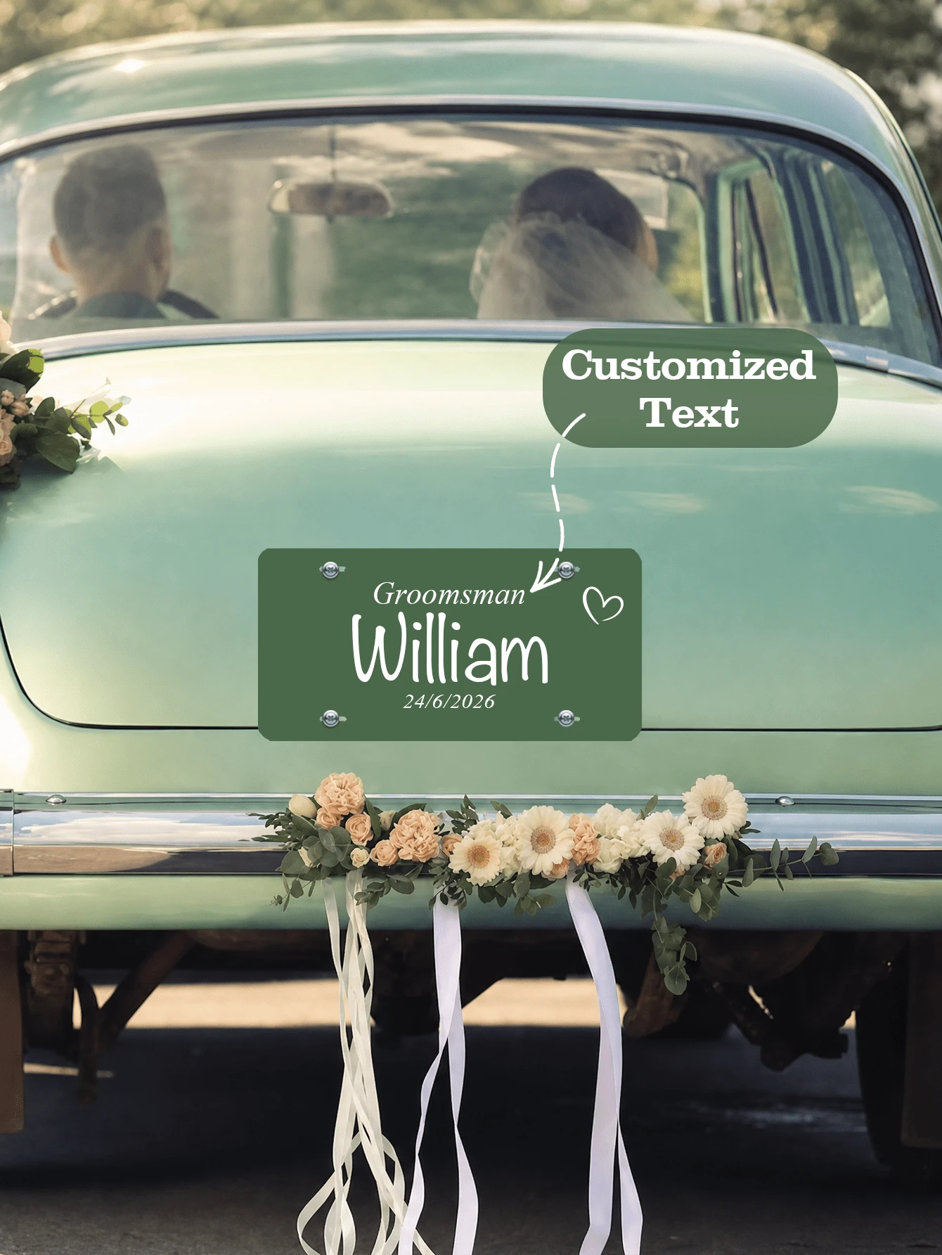 客製化 Just Married 新婚車牌裝飾牌-婚車裝飾,可客製姓名與日期的婚禮車用牌,金屬材質,婚禮禮物 - 多色-車牌掛飾 - 查看 1