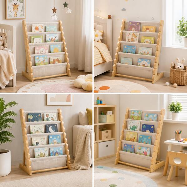 5-Tier Forward-Facing Bookshelf, Wooden Frame Fabric Bag Bookshelf, Freestanding Magazine & Art Book Display Storage Rack, Vertical Book Storage Shelf, Suitable For Game Room, Bedroom, Study Home Book Organization