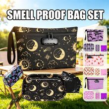 Portable Odor-Proof Bag Set. Simple Storage Bag Set. Odor-Proof Bag With Password Lock And Carbon Fiber Lining, Equipped With Metal Tray, Storage Box And Sealable Bag, Wide Wrist Strap, Suitable For Carrying Out For Travel, Office, Friends Gathering And More. The Best Gift For Yourself And Friends. - Multicolor - View 1