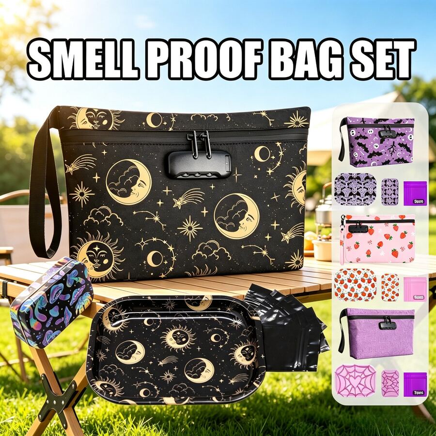 Portable Odor-Proof Bag Set. Simple Storage Bag Set. Odor-Proof Bag With Password Lock And Carbon Fiber Lining, Equipped With Metal Tray, Storage Box And Sealable Bag, Wide Wrist Strap, Suitable For Carrying Out For Travel, Office, Friends Gathering And More. The Best Gift For Yourself And Friends. - Multicolor - View 1