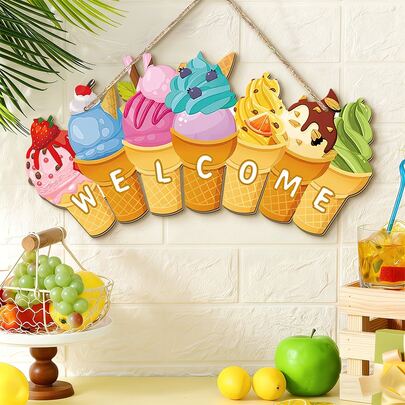 1組2D夏季冰淇淋甜筒木製牆飾吊飾，含水滴與頂飾，「Welcome」裝飾牌，彩色冰淇淋甜筒圖案，夏季度假農舍風客廳臥室牆飾，玄關門廊前廳掛飾，海邊度假屋牆飾，夏季飲品店產品牆飾，房間裝飾，溫馨居家裝飾