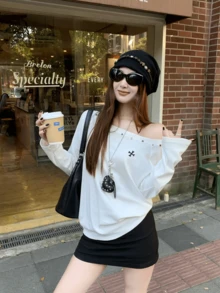 Women's Spring/Autumn American Style Open Shoulder Short Sleeve Knit T-Shirt With Embroidery Detail, Elegant Top White - White - View 9