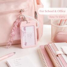 1pc Pink Glitter Heart Pendant ID Card Holder, Transparent Wrist Strap And Acrylic Chain, Creative Multi-Functional Card Holder, Suitable For Students Back To School, Office Badge, Bus Card, Campus Card, Keychain Gift - Pink - View 3