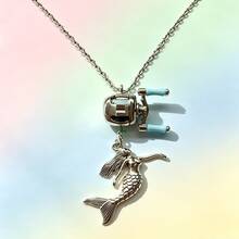 1pc/Men's Fashion Cross Pendant Necklace - Perfect Daily Gift For Boyfriend. Mini Fishing Reel Necklace - Silver - Fishing Line - View 11
