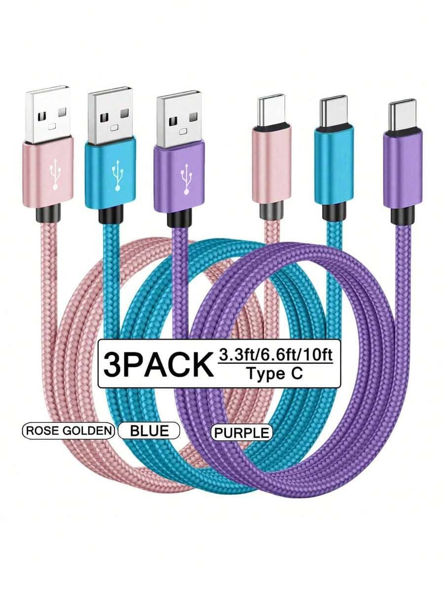 3条装 USB-A 转 USB-C 快速充电数据线 [1米/2米/3米] 尼龙编织 Type-C 同步线。兼容三星 Galaxy A14 5G/A13/A54/A53/A23/A24/A03s/S23/S22 Ultra/S21/S20；也兼容 16/15 系列和各种安卓智能手机。适用于 Type-C 充电器。