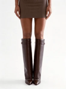 Luxury Fashion Women Fold Over Pointy Pull-On Shark Boots Women Wide Calf Padlock Boots Nightclub Elegant Shoes - 棕色 - 查看 5