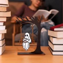 1pc Wooden Ghost On Swing - Ghost Reading Decor, Halloween Decoration, Library Sign, Autumn Decor, Bookshelf Decor, Book Lover Gift, Book Corner Decoration To Add A Touch Of Fantasy To Your Bookshelf - Ghost - View 7