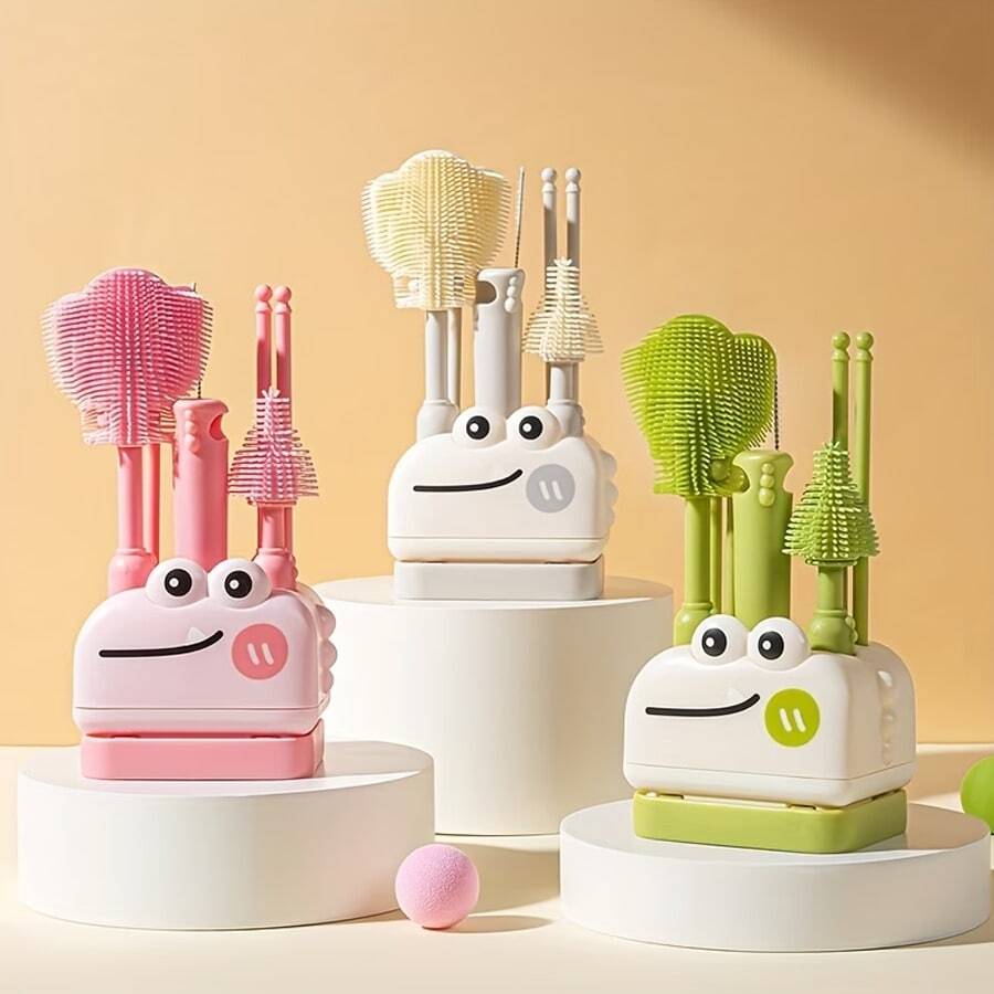 8-In-1 Silicone Baby Bottle Brush Set, Portable Storage Box, Cute Cleaning Brush With Foldable Drying Rack, Suitable For Travel - Multicolor - View 1