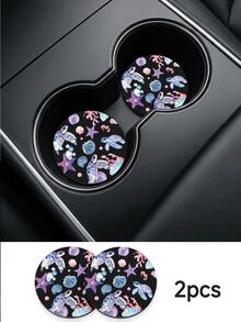 2pcs Ocean Element Pattern Car Cup Holders - Non-Slip Leather Material, Round Cup Holder Design, Easy To Clean, Perfect Accessory For Car Interior - Suitable For Car Owners - Suitable For Daily Use - Great Gift For Car Enthusiasts - Multicolor - View 1