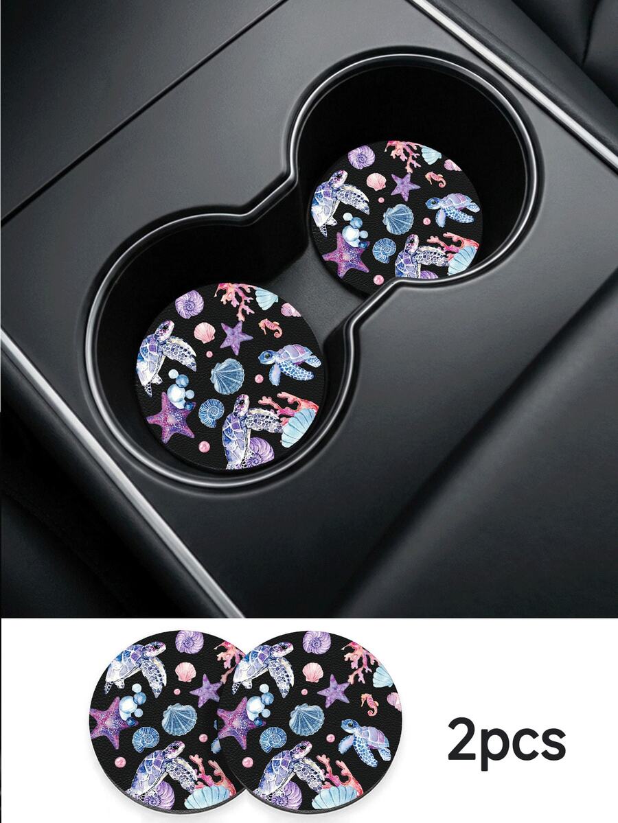 2pcs Ocean Element Pattern Car Cup Holders - Non-Slip Leather Material, Round Cup Holder Design, Easy To Clean, Perfect Accessory For Car Interior - Suitable For Car Owners - Suitable For Daily Use - Great Gift For Car Enthusiasts - Multicolor - View 1