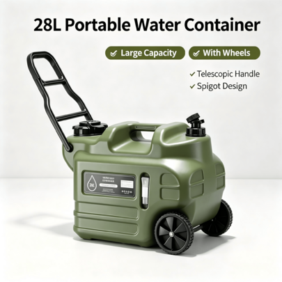 Tanque de almacenamiento de agua rodante de PE de grado alimenticio de 28 L con ruedas y asa para grifo, contenedor de agua portátil a prueba de fugas y libre de BPA para camping, vehículos recreativos, expediciones al aire libre y emergencias.