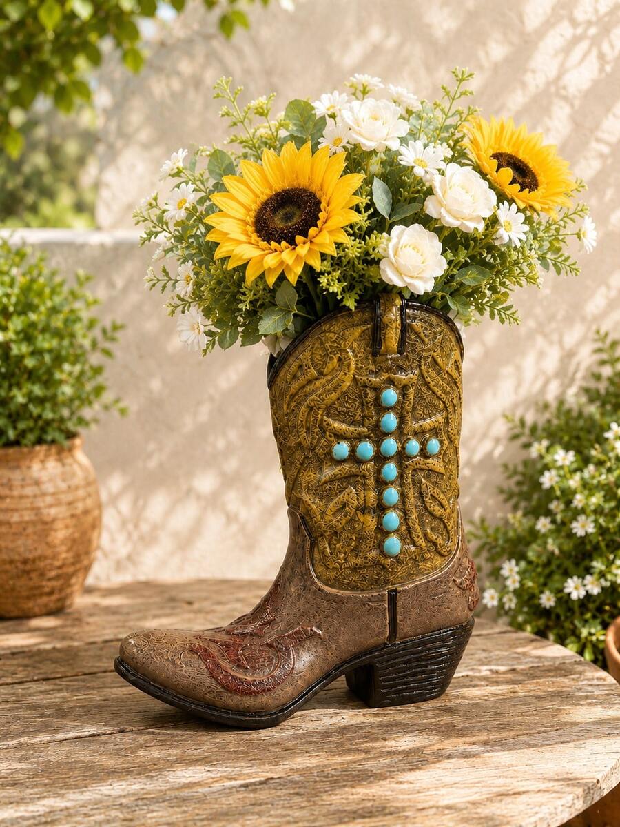 Western Cowboy Resin Vase - Vintage Ranch Style Rectangular Planter, Suitable For Hydroponic Flower Arrangement, Living Room Decor Country Style Centerpiece, Resin/Container, Flower Pot, Plant Pot, Spring Decoration, Home Decor, Vase, Gardening Supplies - New Product - View 1