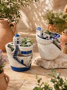 Santorini Blue Dome Cottage Micro Landscape Planter, Mediterranean Multi-Layer Stepped Simulated Town Succulent & Moss Terrarium Pot - A - View 9