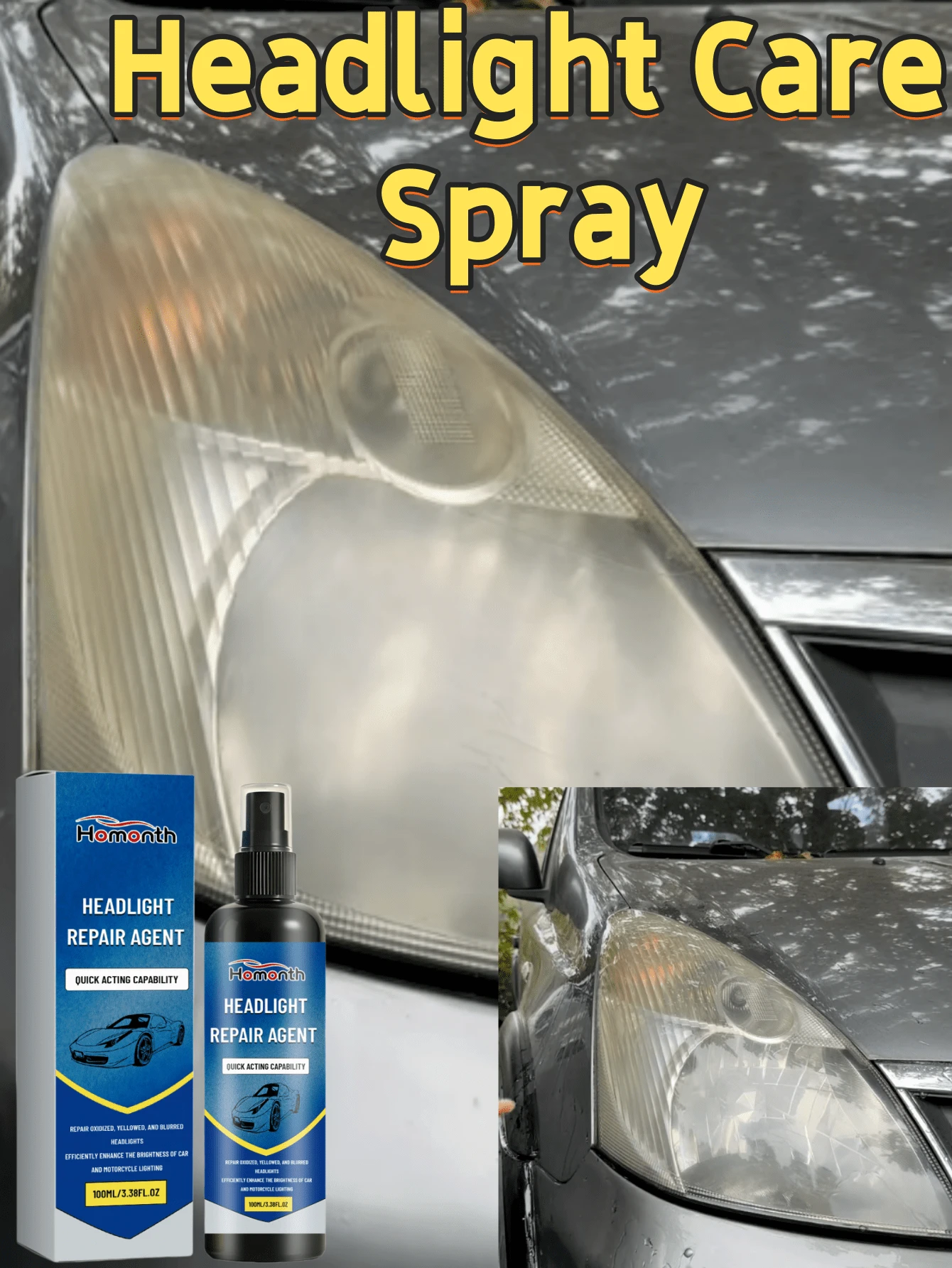 Homonth Headlight Care Spray - Quickly Decomposes Insect Glue, Water Stains, Dust And Dirt, Yellowing, Fogging And Blurring On Headlight Surface, Forms Protective Film To Block UV Rays, Prevents Rain Corrosion, Delays Re-Oxidation And Yellowing Of Headlight Cover