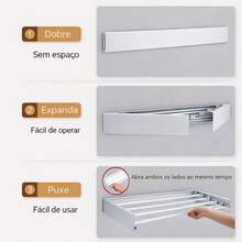 Varal de Parede Mágico Retrátil Branco 60/70/80/90/100/120cm Embutir Dobrável Grande Ajustável - Visão 4