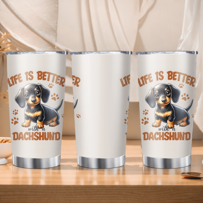 1pc/5pcs 20oz "Life Is Better With Dachshunds" Printed Insulated Tumbler, With Lid And Straw, Double-Wall Vacuum Stainless Steel Travel Coffee Mug, Suitable For Travel, Outdoor Use, School, Ideal Gift For Dachshund Lovers, Friends And Family