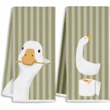 2pcs Green Striped Background Goose Pattern Kitchen Towels, Reusable, Suitable For Home Kitchen Cleaning, Housewarming Home Decor Gift, Kitchen Accessories - Multicolor - View 8