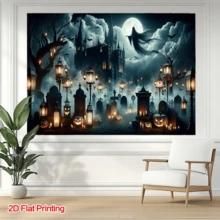 1pc Halloween Happy Background Banner, Graveyard Ghost Castle, Carnival Festival Celebration Event Party Decoration, Outdoor Entrance Room, Halloween Living Room Tapestry, Garden, Terrace Atmosphere - A - View 4