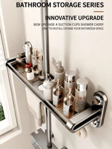 1pc Upgraded Vacuum Suction Cup Shower Caddy Holder, Stainless Steel Waterproof Rust-Proof With Towel Rack, No-Drill Large Capacity Storage Organizer For Shower Gel And Shampoo, Home Bathroom - Multicolor - View 4