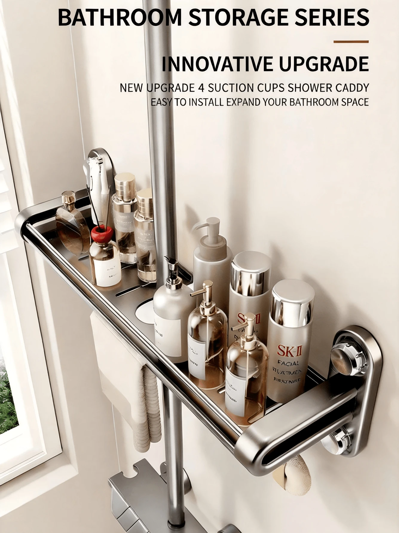 1pc Upgraded Vacuum Suction Cup Shower Caddy Holder, Stainless Steel Waterproof Rust-Proof With Towel Rack, No-Drill Large Capacity Storage Organizer For Shower Gel And Shampoo, Home Bathroom - Multicolor - View 1