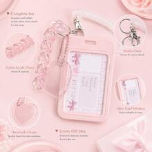 1pc Pink Glitter Heart Pendant ID Card Holder, Transparent Wrist Strap And Acrylic Chain, Creative Multi-Functional Card Holder, Suitable For Students Back To School, Office Badge, Bus Card, Campus Card, Keychain Gift - Pink - View 4