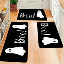 1 pieza Alfombra rectangular con fondo negro y letra fantasma blanca Boo, estilo minimalista, Halloween, felpudo, alfombra pequeña, felpudo de bienvenida, felpudo exterior, alfombra de cocina, felpudo de puerta principal, alfombra de área pequeña, alfombra de jardín - Multicolor - Ver 2