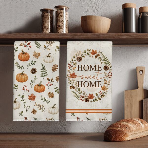 2pcs Minimalist Autumn Pumpkin Plant Fruit Pattern Kitchen Towels, Soft Polyester Dish Cloths, Suitable For Kitchen Decor, Kitchen Cleaning, Holiday Party Decoration, Kitchen & Bathroom Supplies Home Essentials, Home Decor, Housewarming Gift