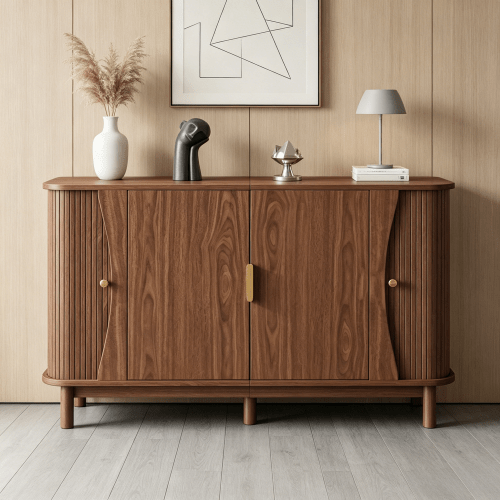 Walnut-Colored Sideboard 140x40x88cm Made Of MDF, Chest Of Drawers With Curved Edges, 2 Sliding Doors, Storage Cabinet For Living Room Hallway, Load Capacity Up To 60kg