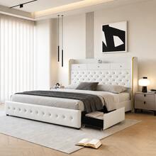 SIBEDS LED Platform Bed Frame With Galaxy Aurora Star Projector, Modern PU Diamond Tufted Upholstered Bed With 52" Tall Headboard, 2 Storage Drawers, Charging Station, Noise-Free Wooden Slats, No Box Spring Needed, Black - 白色 - 查看 2