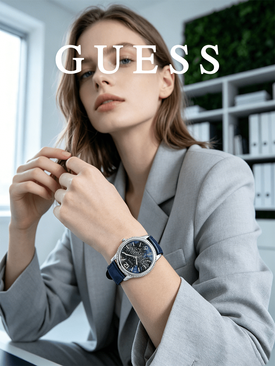 Guess Women's Quartz Watch With Silver Case, Blue Leather Strap, Starry Sky Dial, Crystal Bezel, Suitable For Daily Commute And Weekend Casual Outings