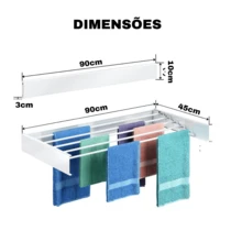 Varal de Parede Mágico Retrátil Branco 60/70/80/90/100/120cm Embutir Dobrável Grande Ajustável - Visão 7