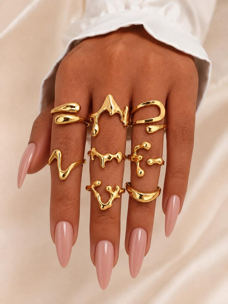 Set de 8 anillos de metal liso asimétrico vintage, anillos geométricos para uso diario - Amarillo Oro - Ver 1