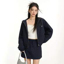 女款抽繩連帽拉鍊長袖外套與迷你裙休閒日常套裝 - 藏蓝色 - 查看 3