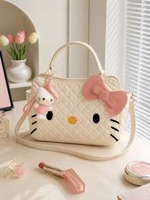 MINISO Sanrio Hello Kitty Quilted Makeup Bag, Back To School Makeup Organizer, Travel Storage Bag, Women's Fashion Handbag, Daily Storage Gift For Best Friend - White - View 1