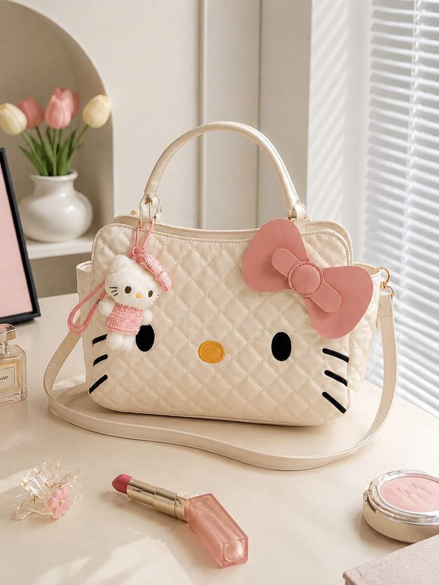 MINISO Sanrio Hello Kitty Quilted Makeup Bag, Back To School Makeup Organizer, Travel Storage Bag, Women's Fashion Handbag, Daily Storage Gift For Best Friend - White - View 1