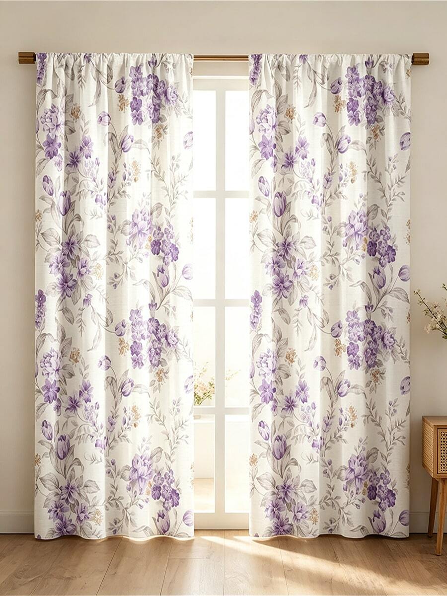 2PCS Digital Printed Curtains, Soft Light Purple Tulip Floral Pattern, Pretty French Romantic Style For Girls Bedroom Decor - Multicolor - View 1