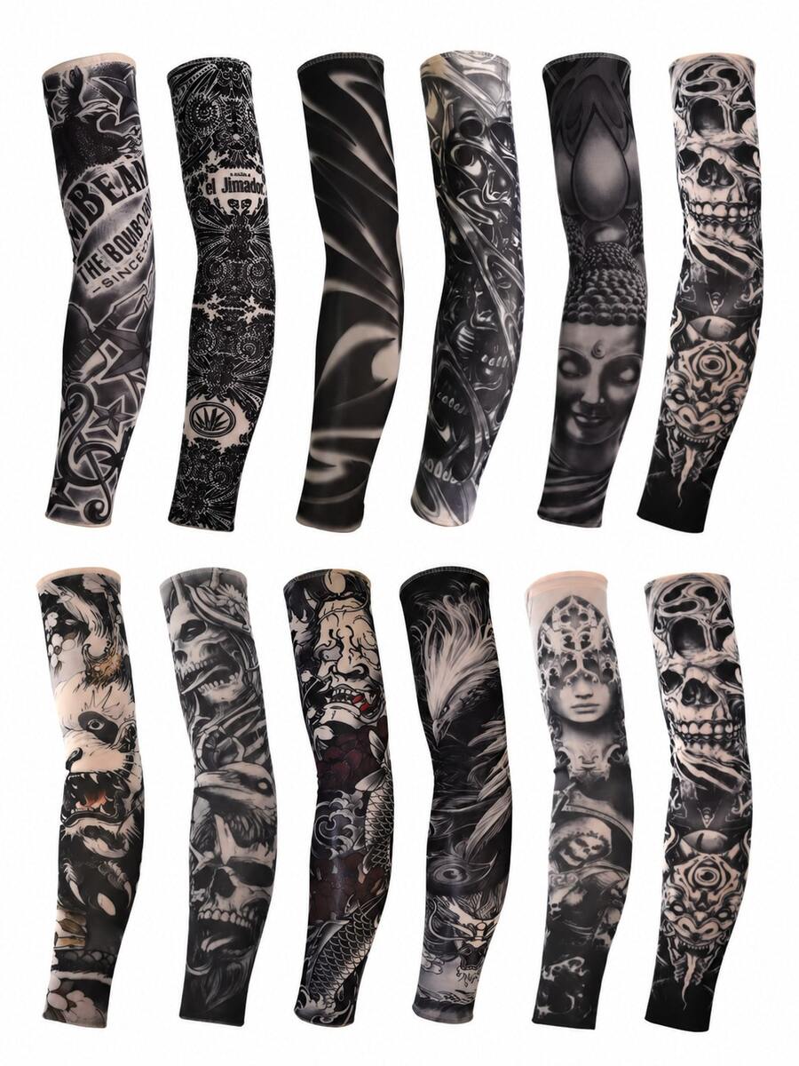 12pcs/6pcs/1pc Tattoo Pattern Plus Size Cycling Summer Sun Protection ...