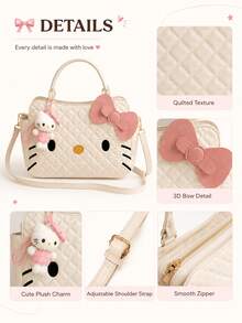 MINISO Sanrio Hello Kitty Quilted Makeup Bag, Back To School Makeup Organizer, Travel Storage Bag, Women's Fashion Handbag, Daily Storage Gift For Best Friend - White - View 6