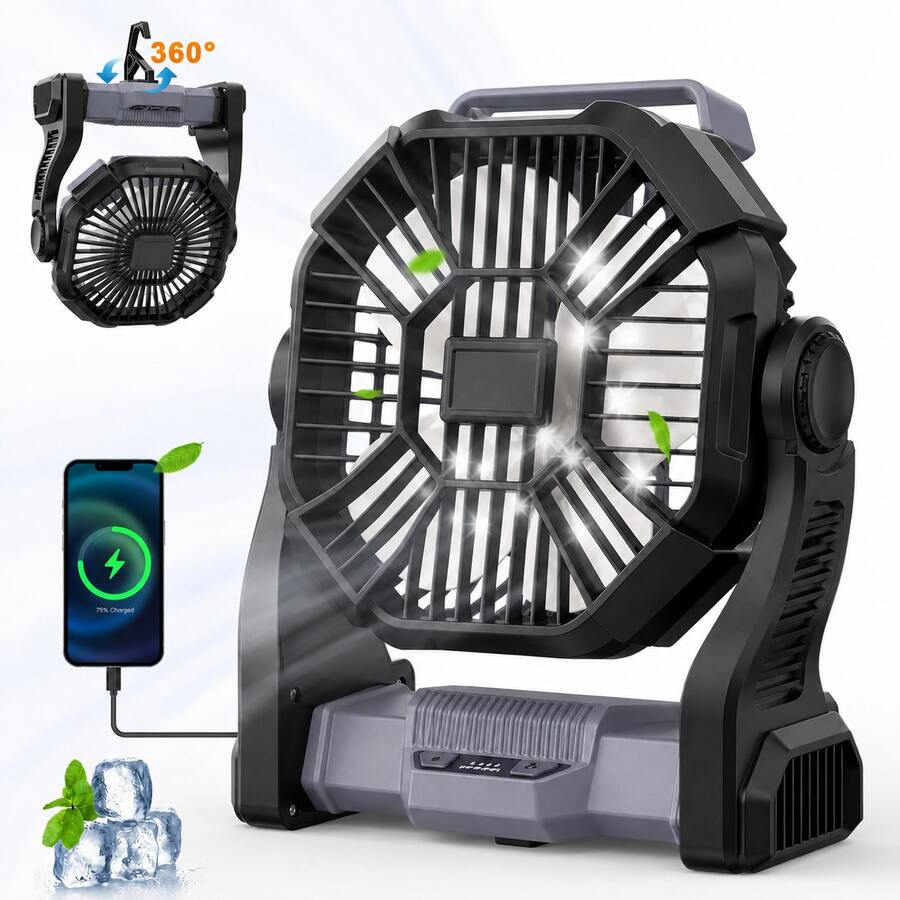 Dorm Essential Cold Air Battery Powered Fan With LED Lantern,Dual Motor Camping Fan, 4-Speed Adjustable Desktop Fan With Hook, Portable Outdoor Fan, Suitable For Tents, Power Outages, And Construction Sites,Camping Portable Fan - 灰色 - 查看 1