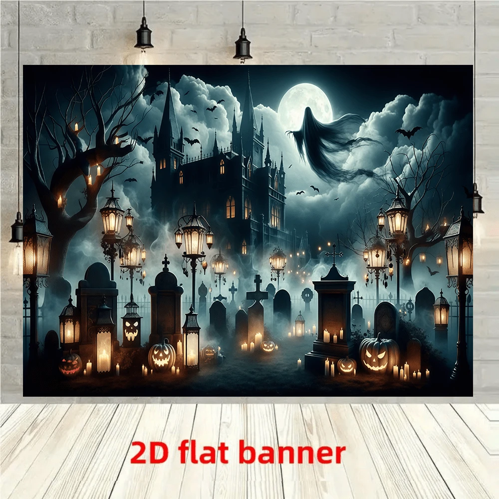 1pc Halloween Happy Background Banner, Graveyard Ghost Castle, Carnival Festival Celebration Event Party Decoration, Outdoor Entrance Room, Halloween Living Room Tapestry, Garden, Terrace Atmosphere - A - View 1