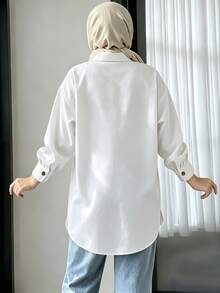 女款端莊長袖格紋襯衫領前開鈕扣常規上衣，梭織面料 - 白色 - 查看 4