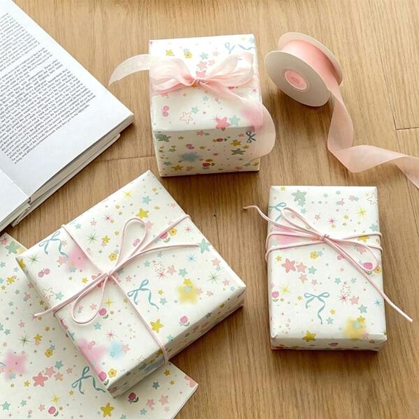 6/12 Sheets Colorful Star & Bow Pattern Gift Wrapping Paper, DIY Wrapping Paper, Birthday Gift Souvenir Flower Wrapping Paper, Suitable For Holiday Celebration, Party, Wedding, Birthday, Gift And Party Decoration Wrapping, Rope Not Included
