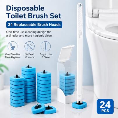 One-Time Use Toilet Brush Kit With 24 Disposable Replacement Heads, Slim Bathroom Cleaning Handle And Holder For Toilet Bowl Care