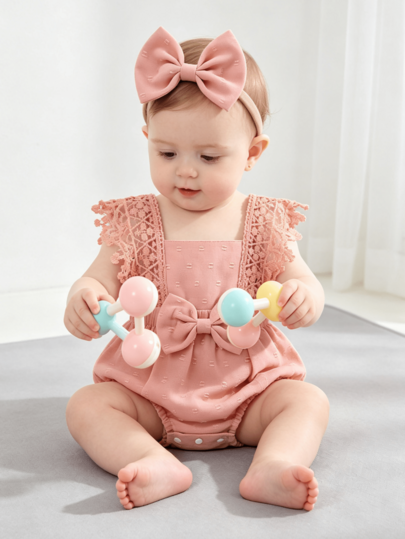 2pcs/Set,Baby Girl,Soft And Comfortable,Casual Fashion Sweet,Cute Square Neck Lace Embroidered Ruffle Jacquard Solid Color Romper And Bowknot Decorated Headband,Baby Girl Clothing,Newborn Baby Girl Clothing,Baby Supplies,Baby Clothing,Suitable For Daily Wear,Vacation,Party,Photography,Outdoor Activities
