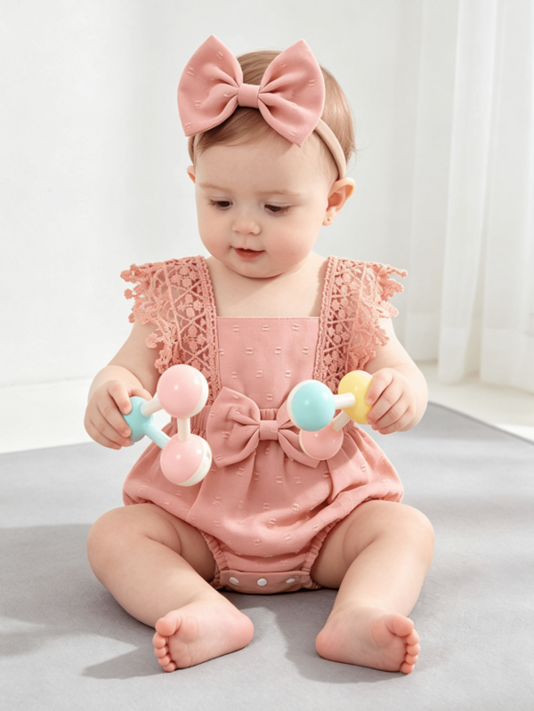 2pcs/Set,Baby Girl,Soft And Comfortable,Casual Fashion Sweet,Cute Square Neck Lace Embroidered Ruffle Jacquard Solid Color Romper And Bowknot Decorated Headband,Baby Girl Clothing,Newborn Baby Girl Clothing,Baby Supplies,Baby Clothing,Suitable For Daily Wear,Vacation,Party,Photography,Outdoor Activities