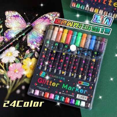 24 Colors Dual-Tip Glitter Pens With Quick-Drying Ink - Dual-Head Dual-Color Glitter, Suitable For Scrapbooking, Card Making, Journaling, Dual-Head Drawing Pens - Glitter Pen Set, Highlighter, Student Supplies, Student Essentials