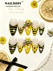 nailrosy 10片手工壓克力穿戴甲 多色透明中長杏仁形短款 3D花卉美甲貼片 假指甲尖端 美甲工具 適合婚禮生日派對 Y2K風格 可愛法式美甲 - 彩色 - 查看 10
